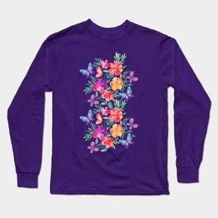 Summer Blooms & Butterflies on Dark Purple Long Sleeve T-Shirt